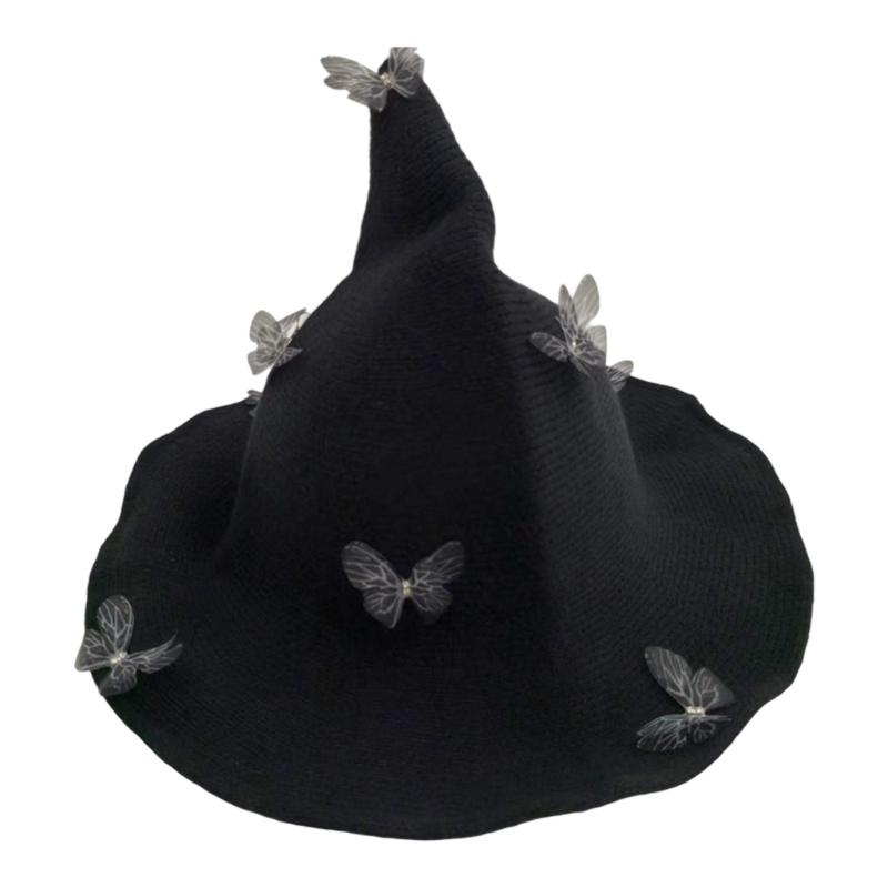 Halloween Knitted Witch Hat with Lovely Butterfly Accent Witch Costume Hat for Adults Costume Parties