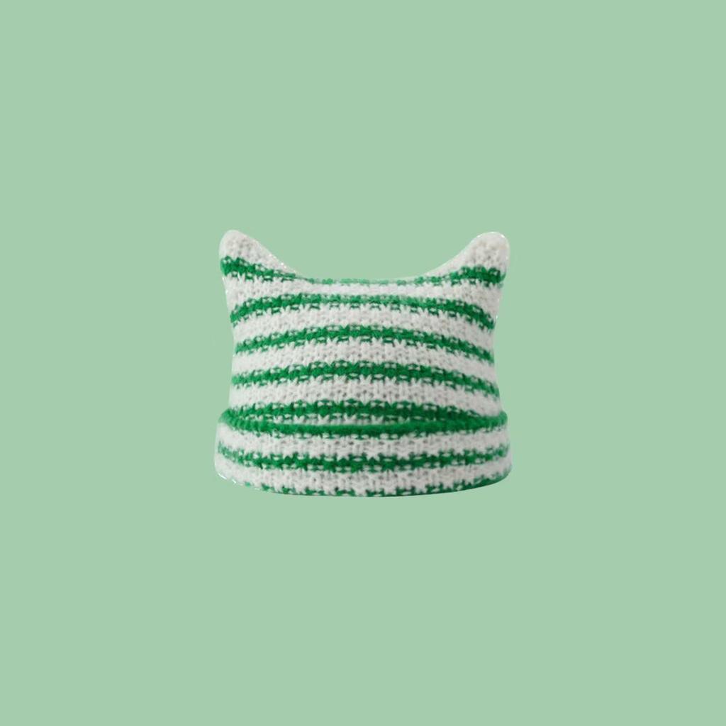 Korean Style Knitted Kitten Ears Beanie - Striped, Warm, Unisex Wool Hat for Students