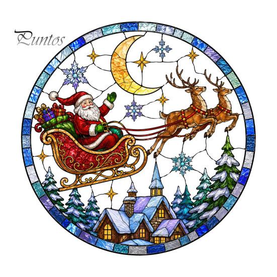 Retro Art Window Decoration Christmas Santa Sleigh Suncatcher Cling, Stained Glass Style Static Holiday Party Ornament Sticker, Rainbow Film