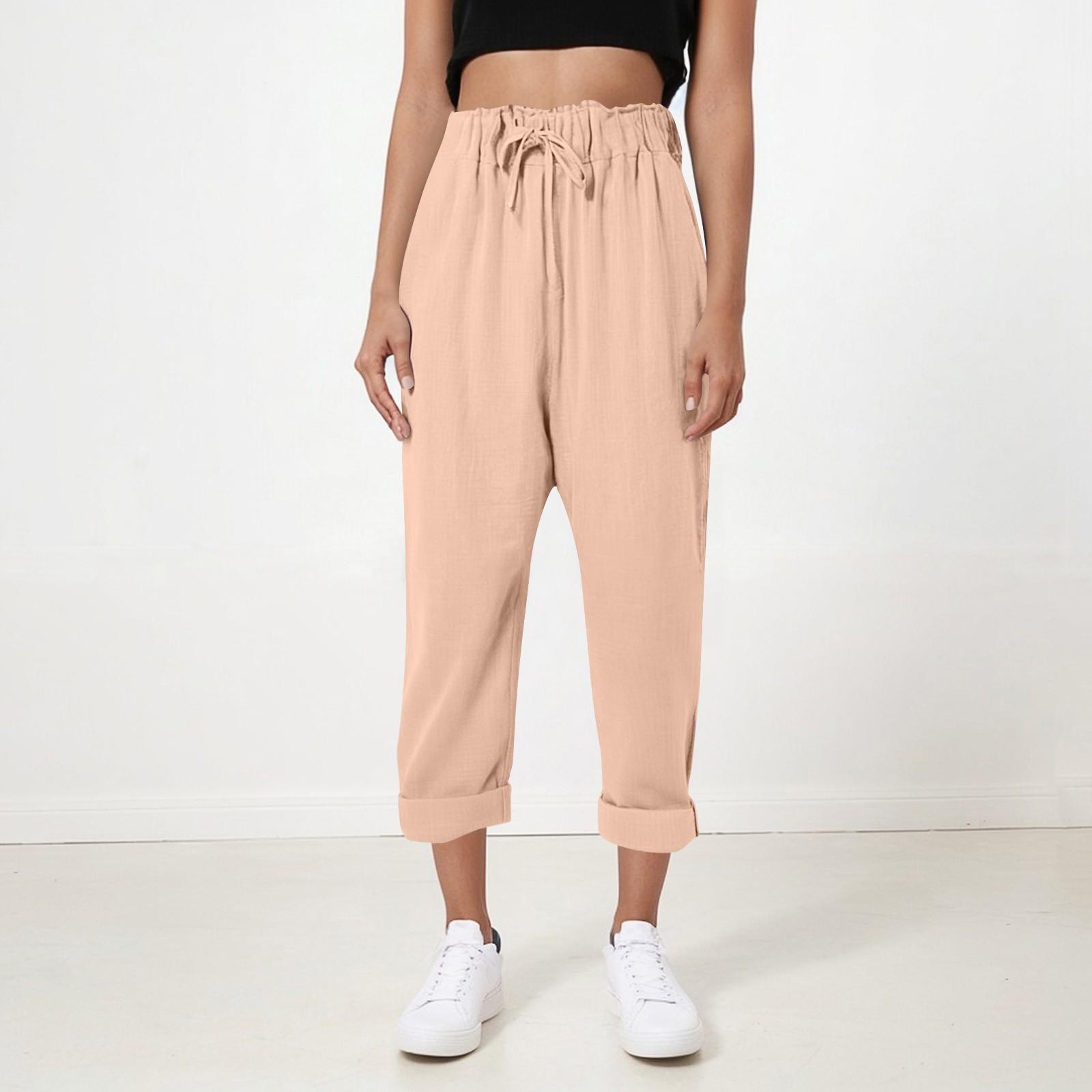 

Женские свободные повседневные хлопково-льняные тонкие однотонные домашние брюки, укороченные брюки XL розовый