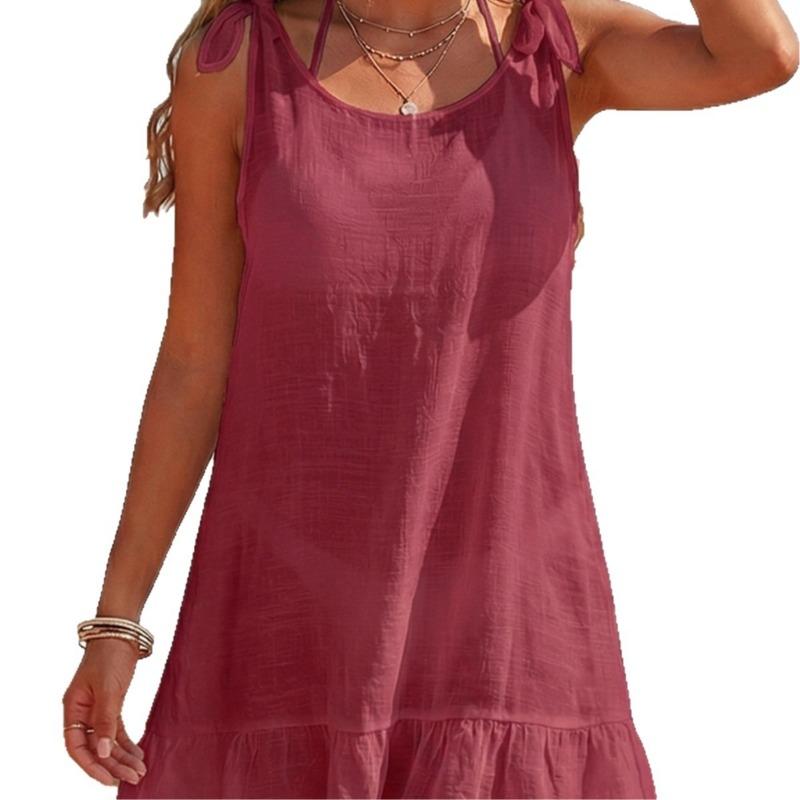 Fashion See Through Beach Cover Up Short Dress V Neck Backless Sexy Elegant Sheer Sleeveless Seaside Dresses Solid Color Lace-up Clothing