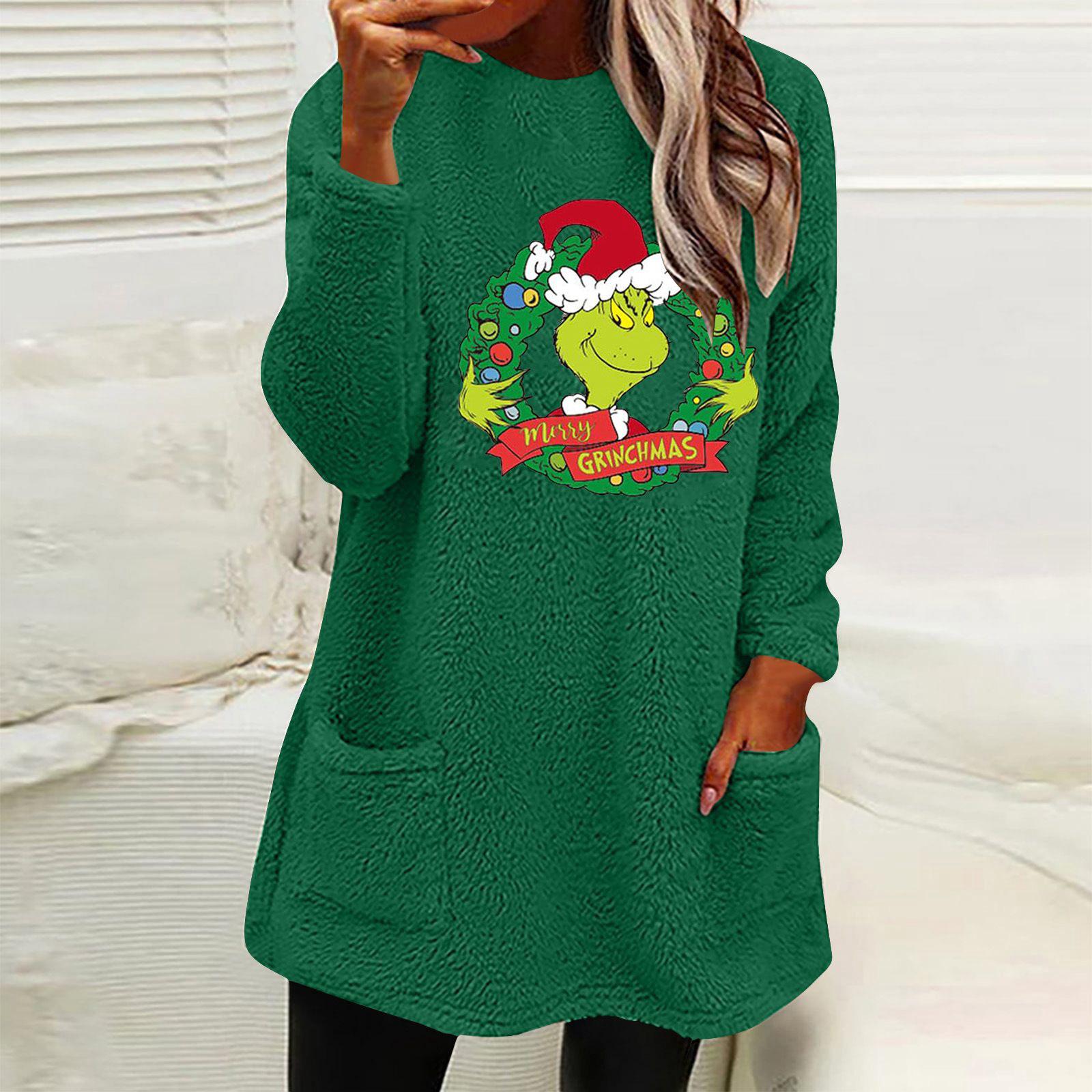 Damen lockeres Langarm-Sweatshirt mit Grinch-Print, beidseitigem Fleece, Taschen und Rundhalsausschnitt black