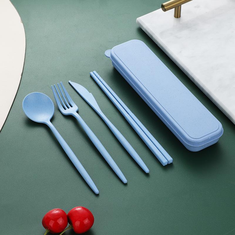 Portable Wheat Straw Cutlery Set: Knife, Fork, Spoon, Chopsticks, and Storage Box for Outdoor Travel