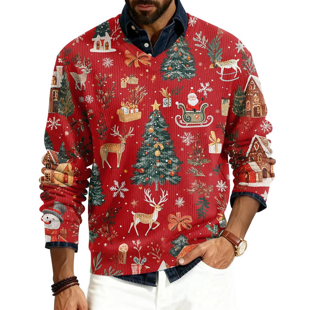 Herren V-Ausschnitt Langarm Rippstrick Pullover