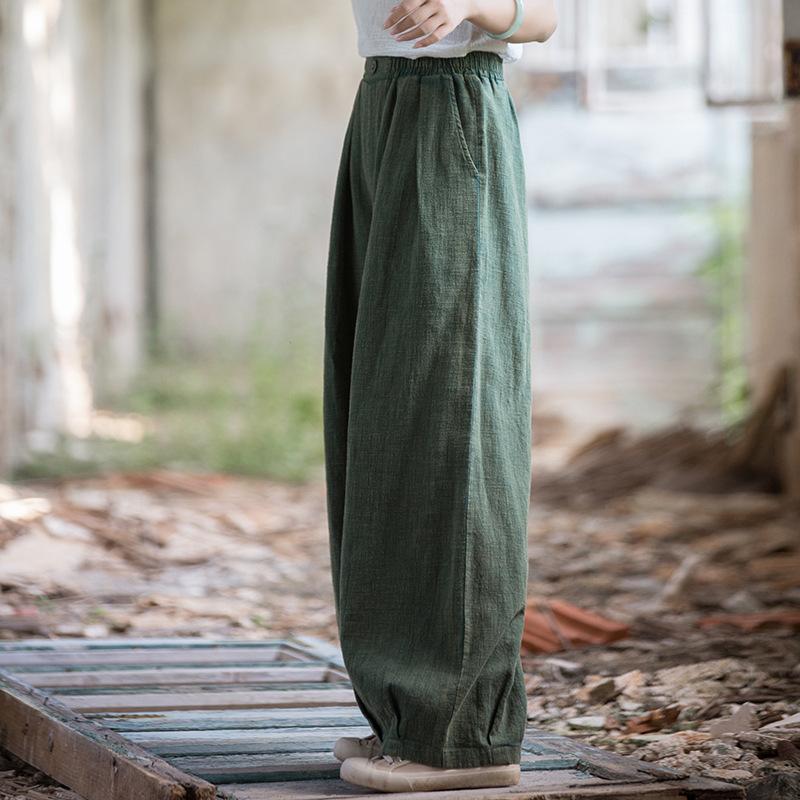 Johnature Women Vintage Harem Pants Summer Chinese Style Solid Color Trousers Elastic Waist Long Pants