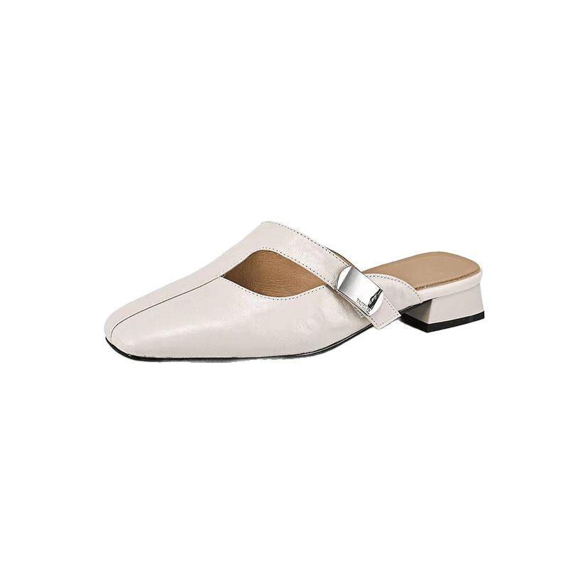 Slippers Women's Xiaoxiangfeng New Soft Leather Bag Head Half Slippers Women's Summer Wear Medium Heel Versatile Square Head High Heels Sandals