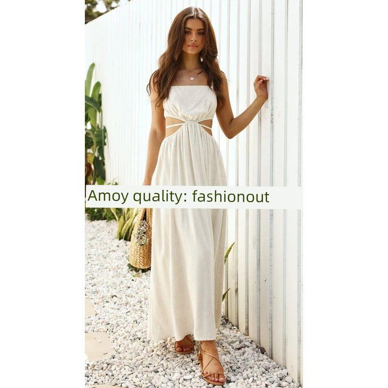 

2023 Lace up Open Waist Suspended Cotton Hemp Dress Dress Black S