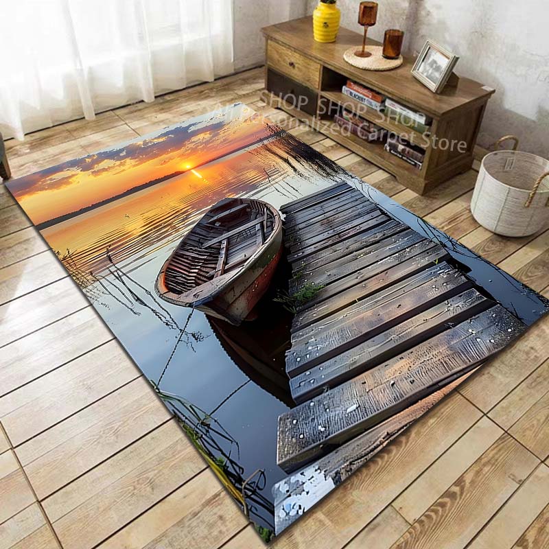 1PC Sunset Boat Scenery Pattern Carpet for Living Room Bedroom Sofa Home Decor Non-slip Floor Mat Large Size Washable