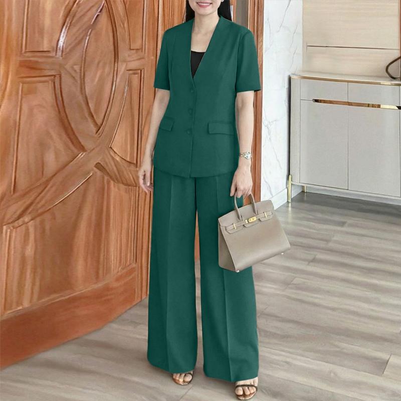 ZANZEA Women Short Sleeve Cardigan Blouse and Pants Casual Two Piece Suit Sets