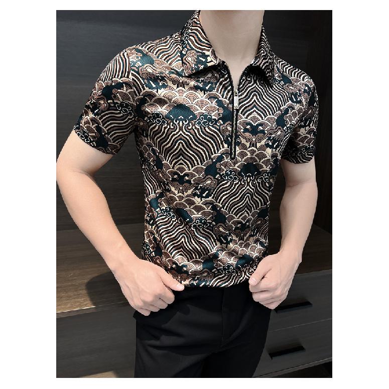 2025 New Men's Polo Shirt Short Sleeve Cloud Print Turn-down Collar T-shirt Middle-aged Casual Tee Top
