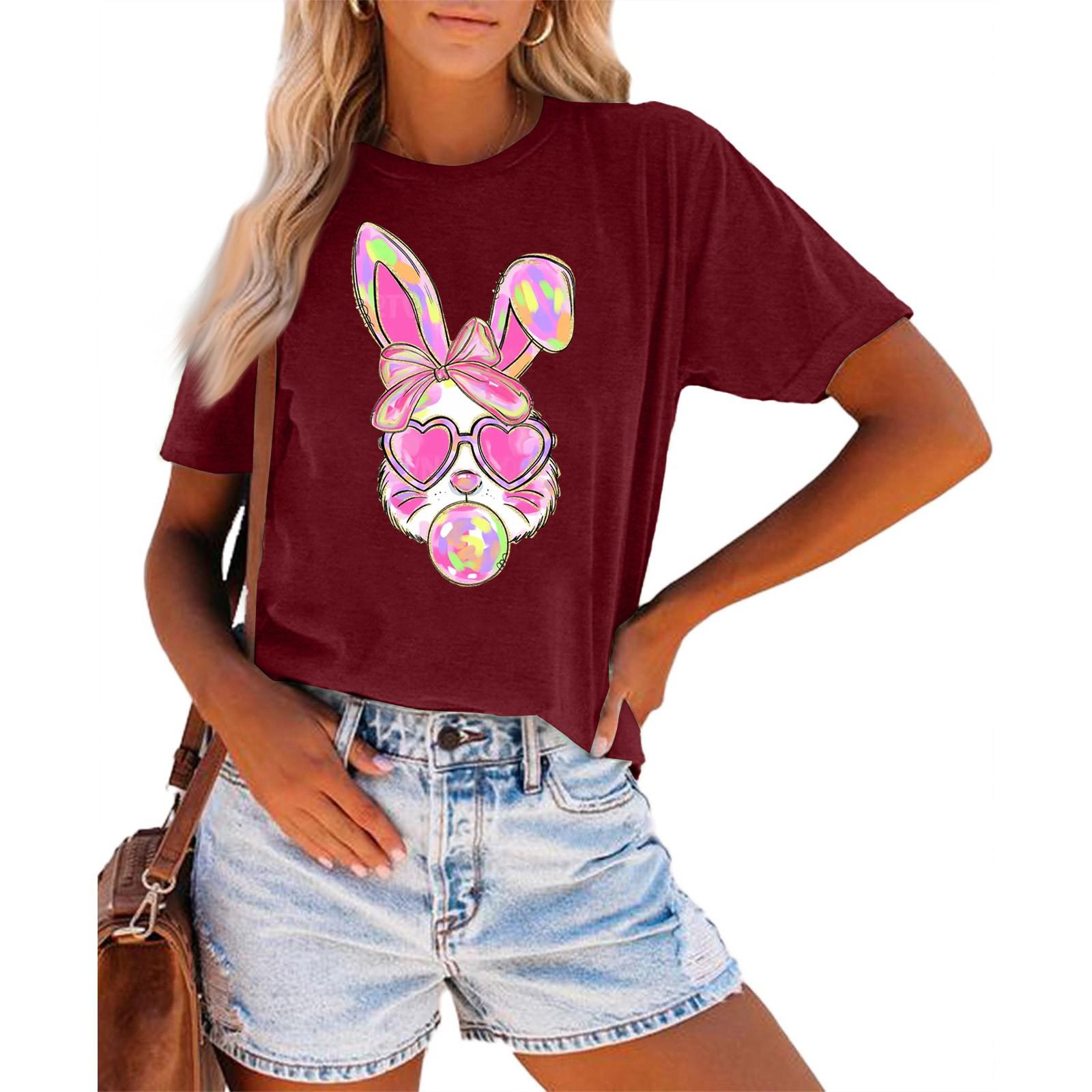 

Женская модная повседневная летняя удобная блузка с круглым вырезом и коротким рукавом с принтом S винный