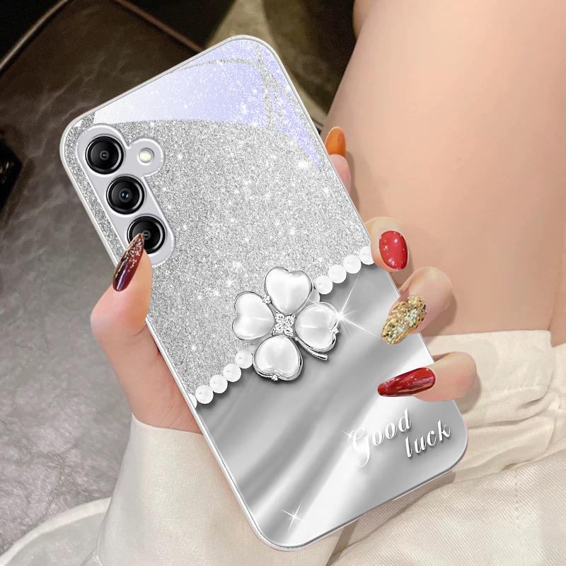 Lucky Clover White For Samsung Galaxy A14 4G 20 30 52 20S 21S 22 A32 33 34 42 50 51 53 54 70 71 72 73 5G Glass Phone Case
