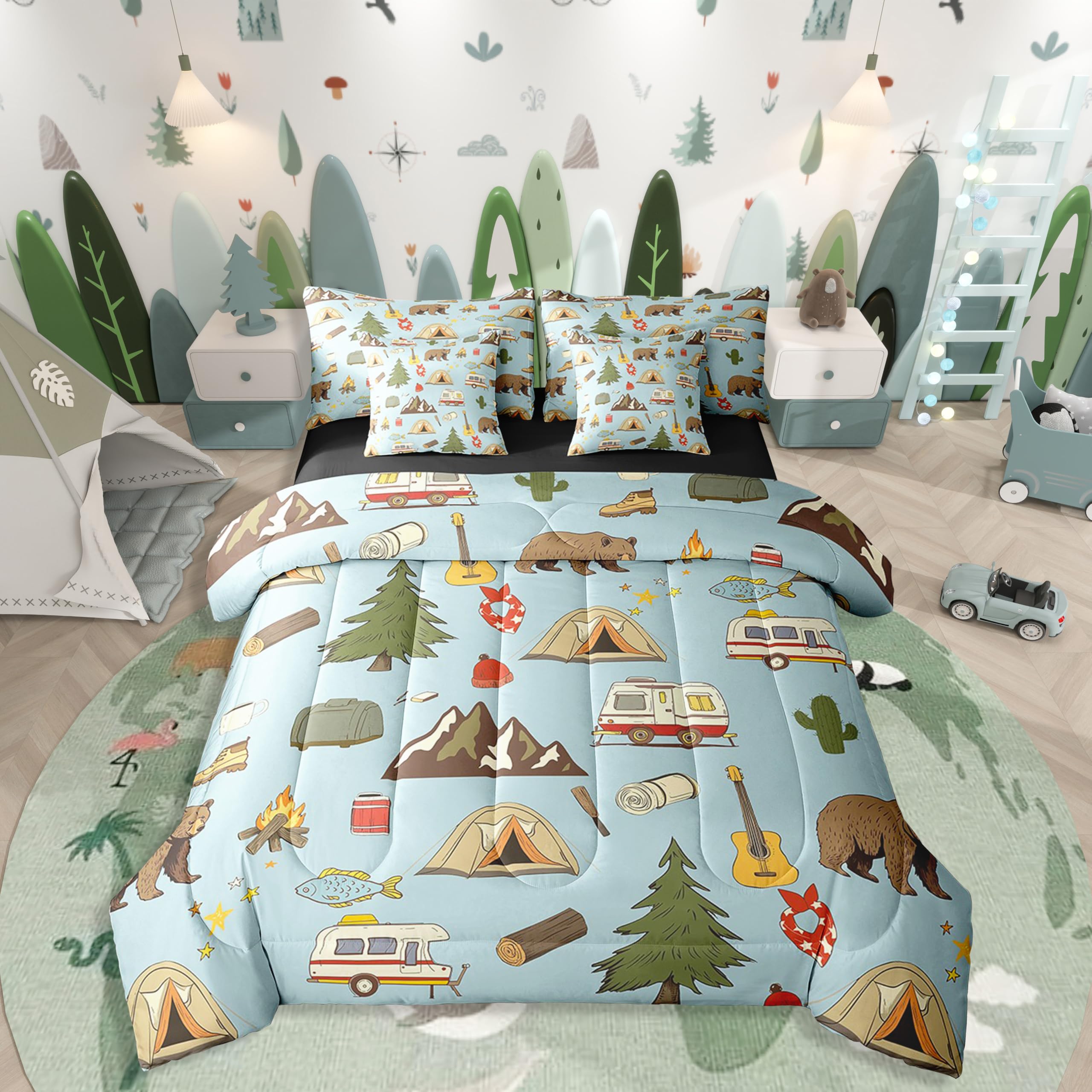 

Erosebridal Happy Camping 7 Piece Comforter Set Queen Bed in a Bag for Kids,Hunting Bear and Pike Fish Bedding,Camper Accessories Sheet Set, 155x200cm