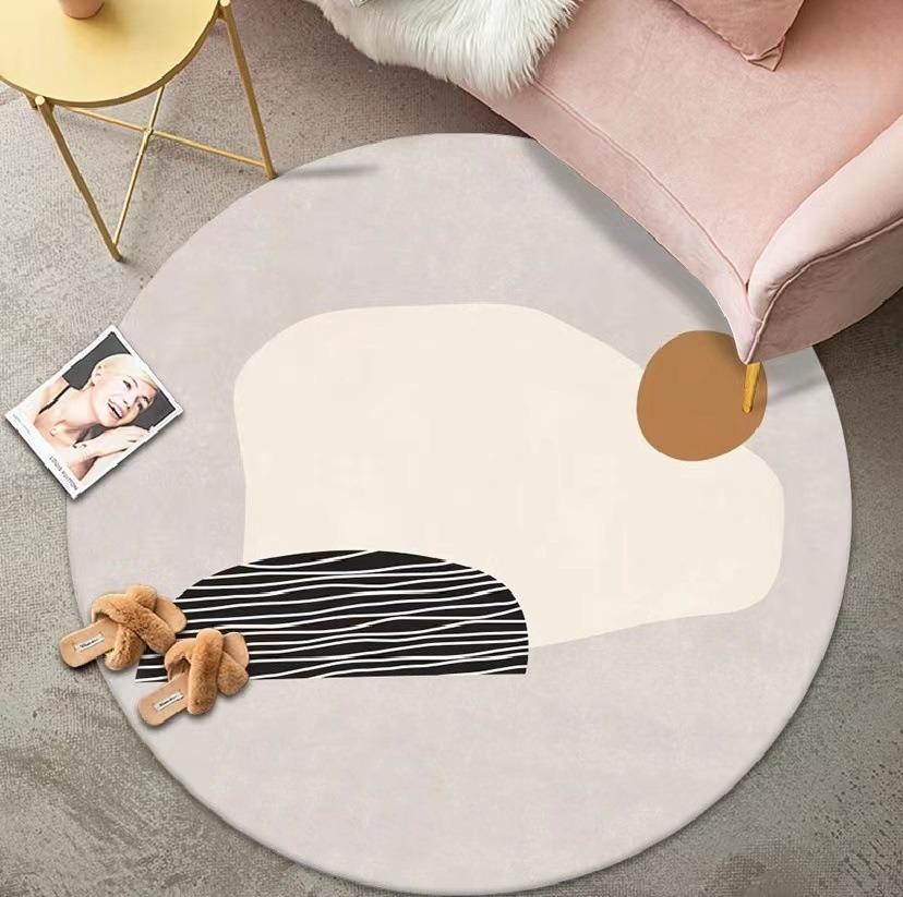 Okrągły dywanik z nowoczesnymi geometrycznymi wzorami, abstrakcyjnymi kształtami, minimalistyczny styl skandynawski, miękki, trwały, dekoracja podłogi do salonu