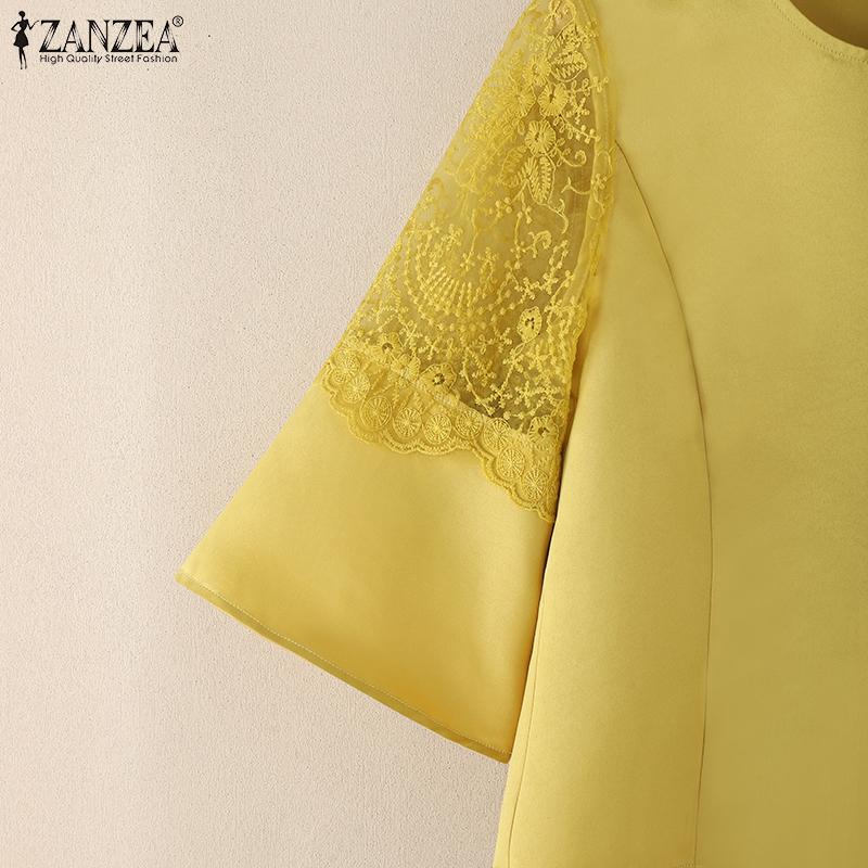 ZANZEA Damen Casual Rundhals Spitze Patchwork Sommer 3/4 Ärmel Bluse