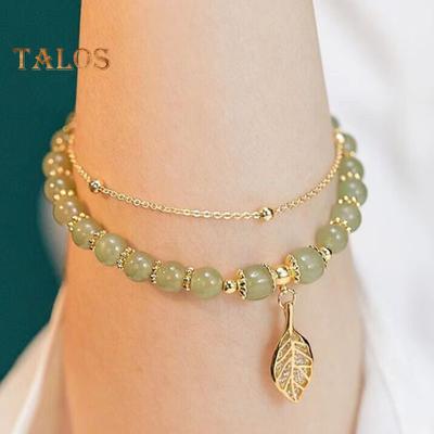 Women Bracelet Faux Jade Smooth Bead Leaf Peatnut Pendant Good Luck Adjustable Length Rhinestone Lady Bangle Prom Daily Wrist Jewelry