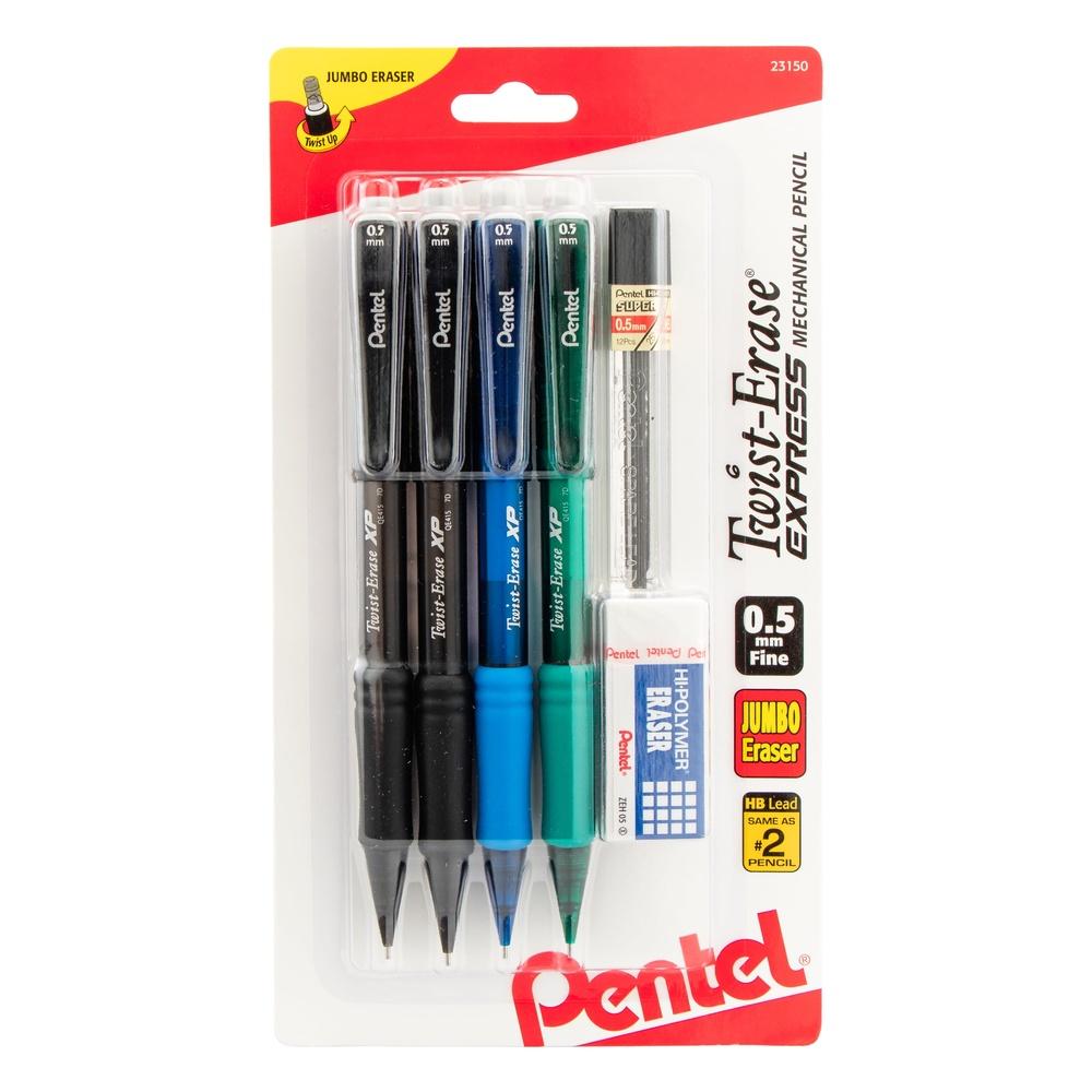 Express Mechanical Pencil 0.5mm 4 Pack Assorted Colors with Lead Eraser Twist Up Eraser No Smudges Comfortable Grip