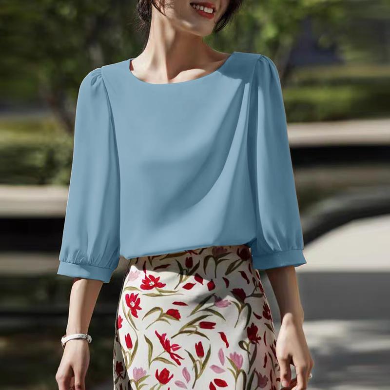 

ZANZEA Женская повседневная летняя блузка с круглым вырезом и рукавом 3/4 свободного кроя M