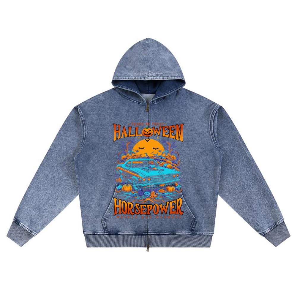 DTG print Knitted Denim Zip-Up Hoodie Halloween Horsepower Brother Print Zipper Hoodies  