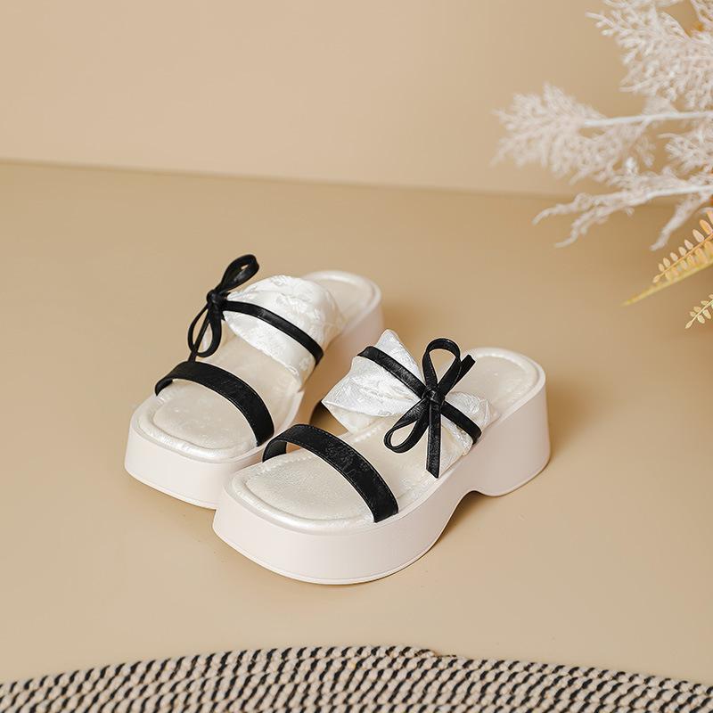 

National style black and white with new Chinese thick-soled cool slippers women s summer new bow retro thick heel muffin sole shoes 40