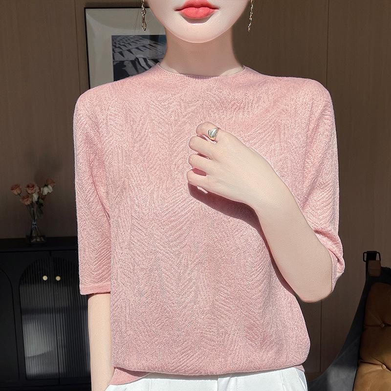 

Женский весенний топ-базовый слой с коротким рукавом, из тонкой мериносовой шерсти, жаккардовый с лиственным узором Medium розовый