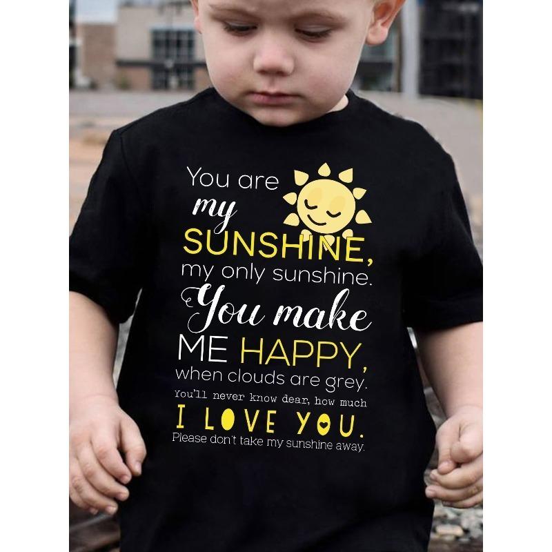 

European sizes Boys Summer Short Sleeve T-Shirt with YOU ARE MY SUNSHINE & I LOVE YOU Print - Cute Round Neck Casual Top 98cm чёрный