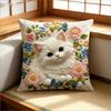 Süßes Weißes Kätzchen Floraler Faux-Stickerei Kissenbezug Dekorativer Katzenliebhaber Kissenbezug Weiches Polyester Heimdekoration