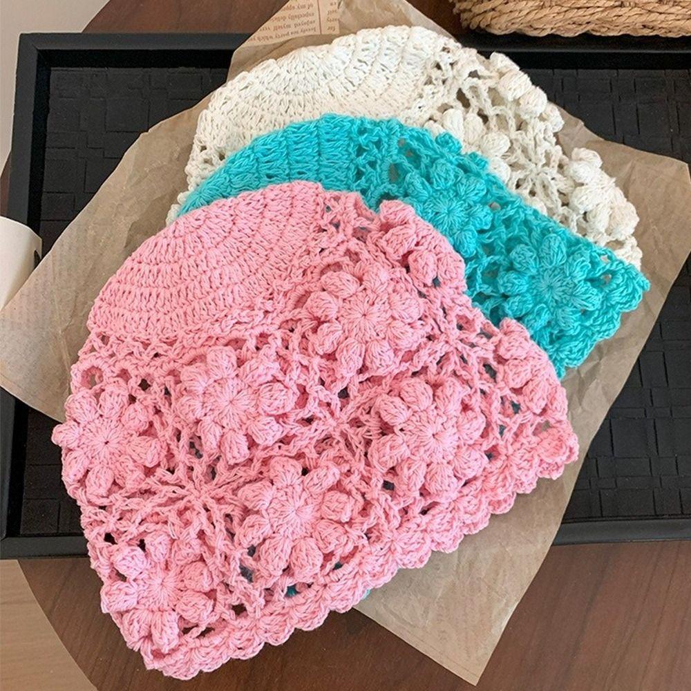 Hollow Knit Basin Caps Weave Beanies Cap Ins Crochet Flower Hat  Ladies
