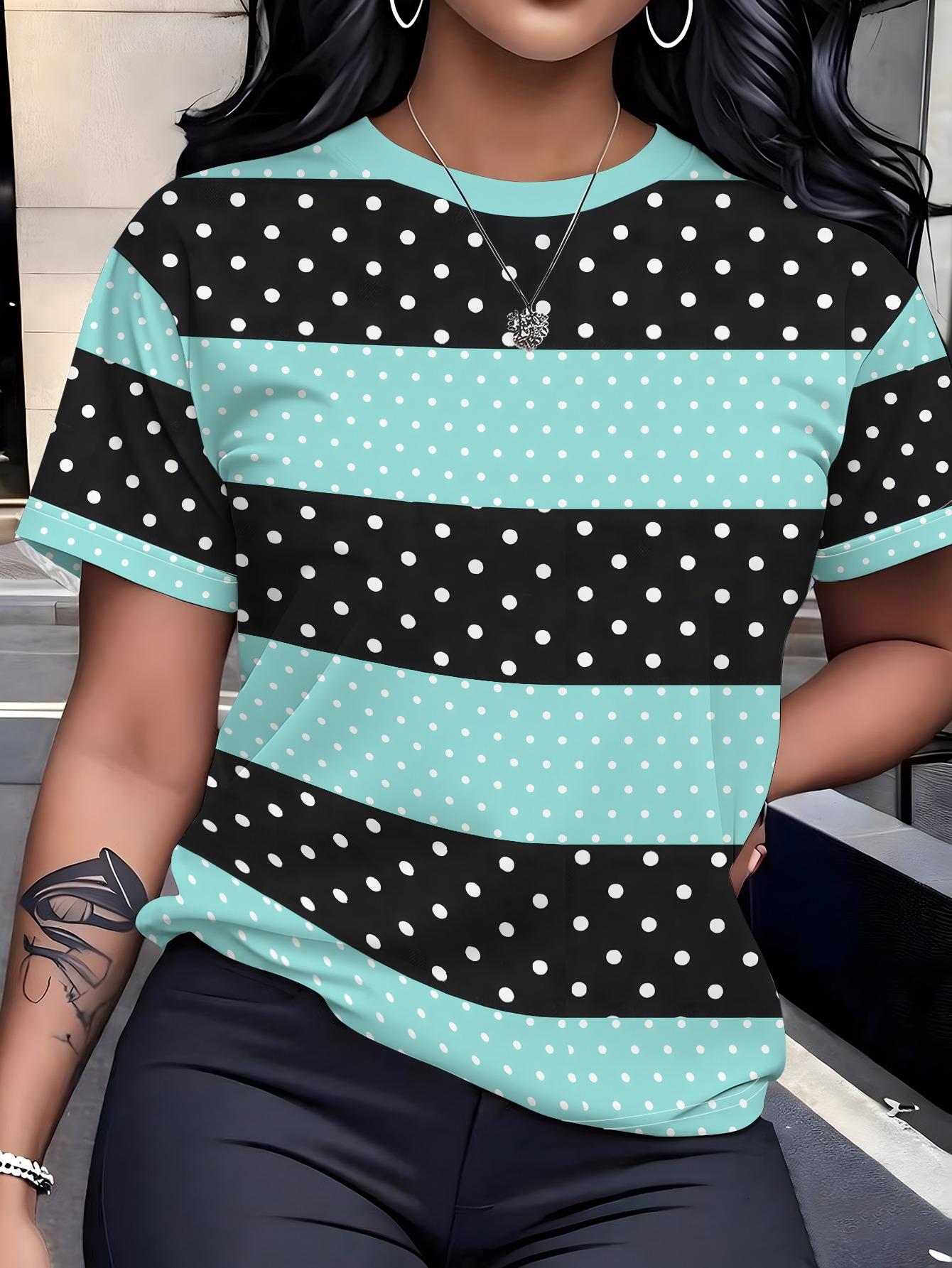 

Women s Mint Green ; Black Polka Dot Striped T-Shirt - Loose Fit Round Neck Short Sleeve Summer Blouse Top. Breathable Casual Streetwear Suitable for 3XL дубильна кора