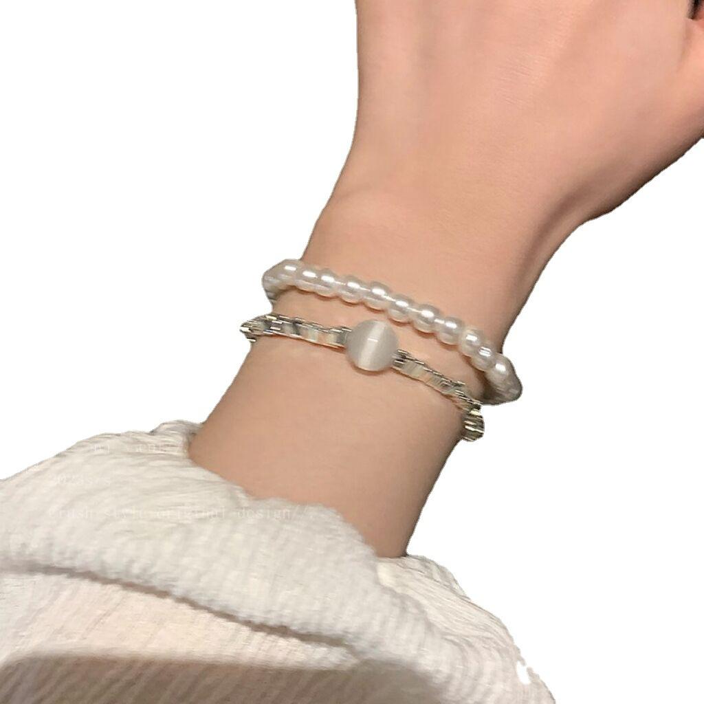 Broken Silver~ Moonstone Pearl Bracelet Women'S Light Luxury Niche Exquisite Bracelet Cold Wind Girlfriend Jewelry