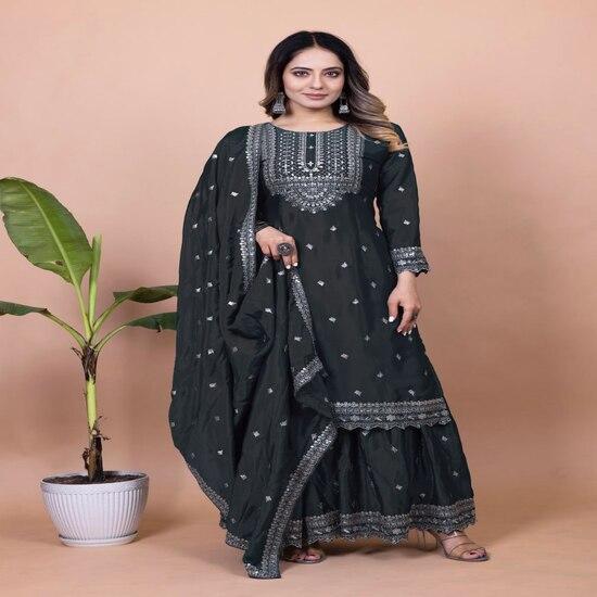 Dark Teal Embroidered Sharara Suit with Dupatta