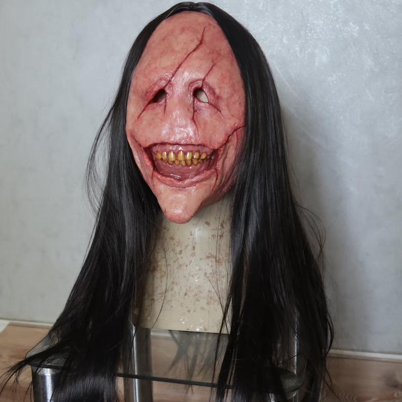 Halloween Horror Long-Haired Demon Mask Red-faced demon mask Toothy Demon Latex Long Hair Mask