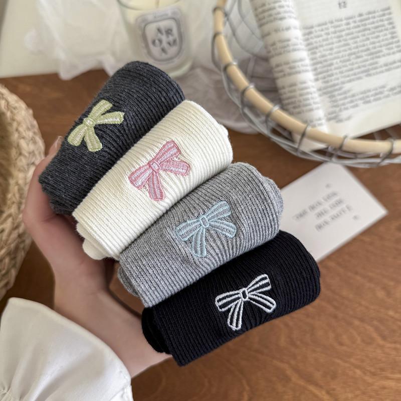 Solid Color Style Double Needle Simple Stacked Socks Medium Tube Socks Girls' Stockings Embroidered Bow Boneless Vertical Strips