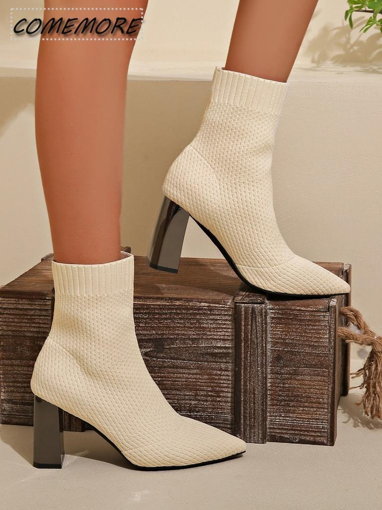 Women High Heels Ankle Sock Boots Knitting Pointed Toe Shoes Chelsea Pumps Boots 2025 Winter New Designer Chunky Zapatos Mujeres