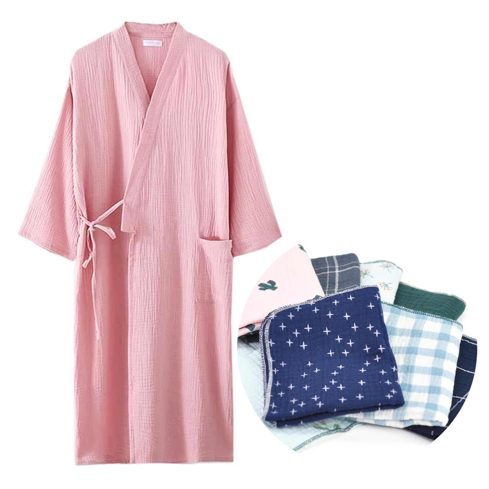 

Пижама Yume из двойной марли, включая ручную и махровую, мягкая, идеально подходящая по размеру, халат, 100% хлопок, полотенце, мужская женская, ткань, влагоотводящая, розовый