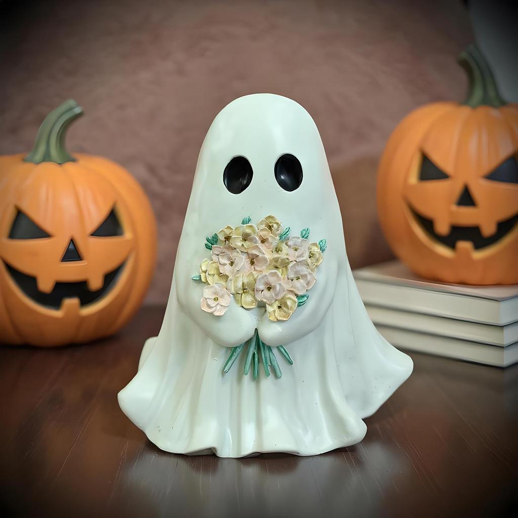 Ghost Figurine 7.87-Inch Resin Ghost Figurine with Flowers Halloween Ornament Desktop Warm Decoration for Home Entryway Cabinet
