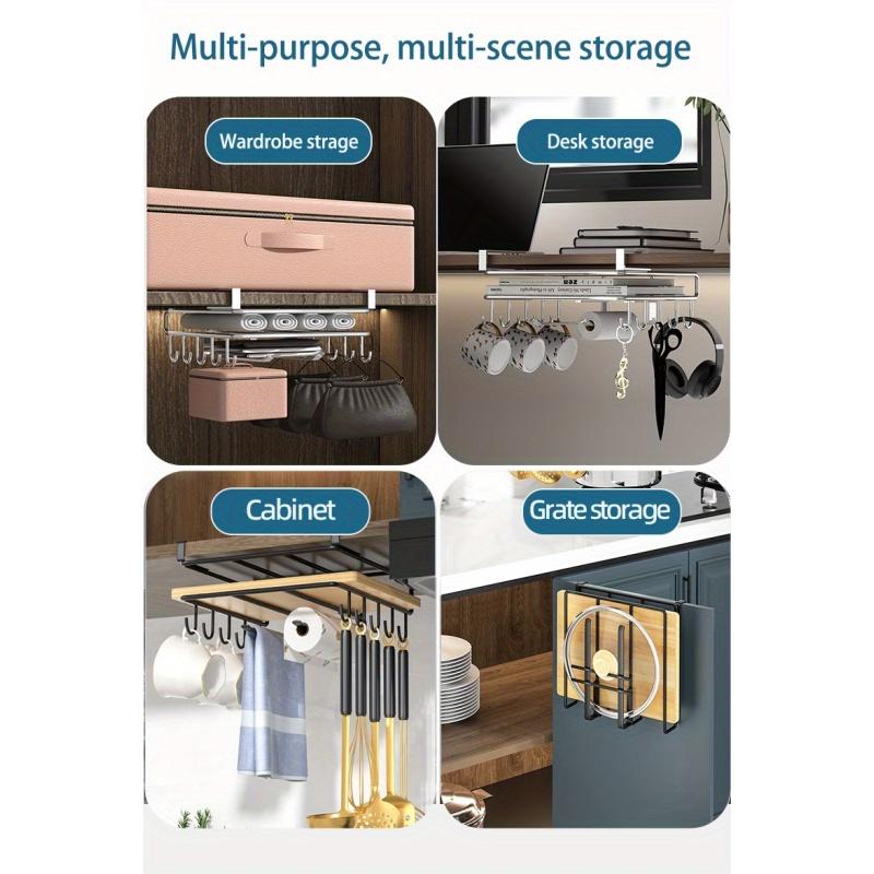1pc Multifunctional Stainless Steel Kitchen Cabinet Rack with Mug Hook and Paper Towel Holder