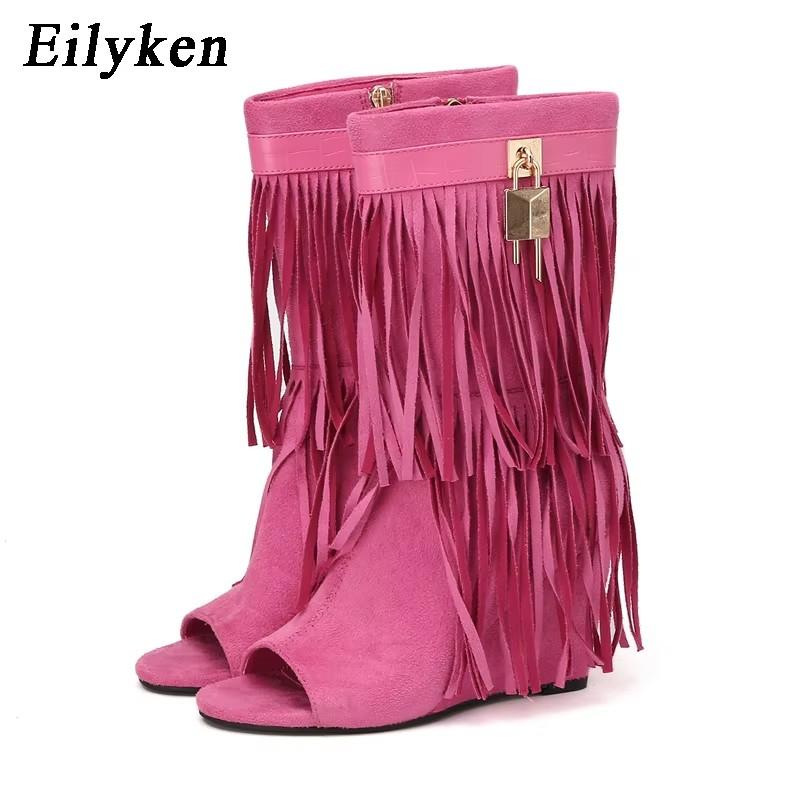 Mode Eilyken Frühling Sommer Design FRANSEN Keilabsätze High Heels Damen Stiefel Sandalen Reißverschluss Peep Toe Bankett Party Kleidschuhe