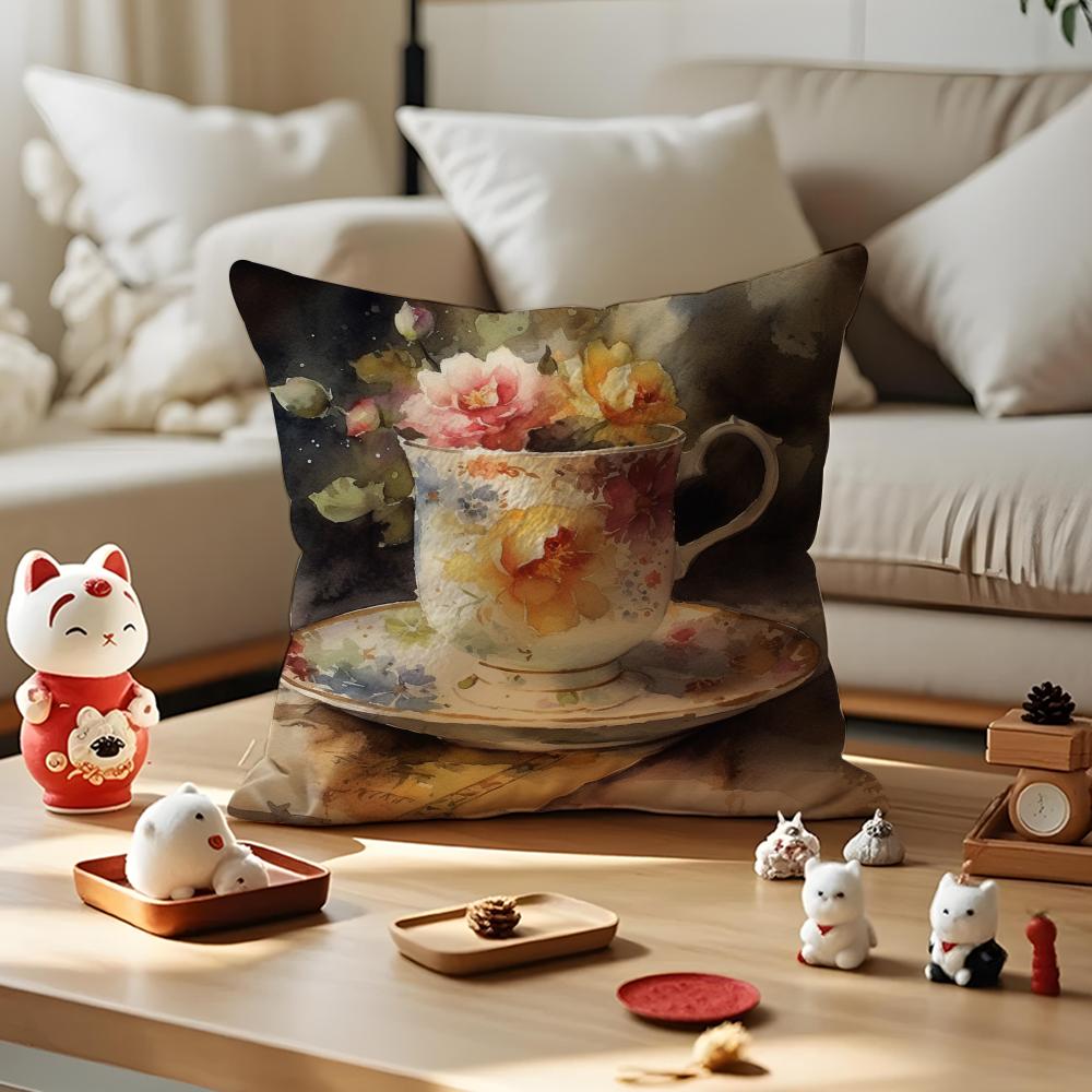 Painting Cup of Flowers Pillow Case Anti-dustmite Pillowcase Invisible Zipper Silky Short Plush Sofa Cushion Cover