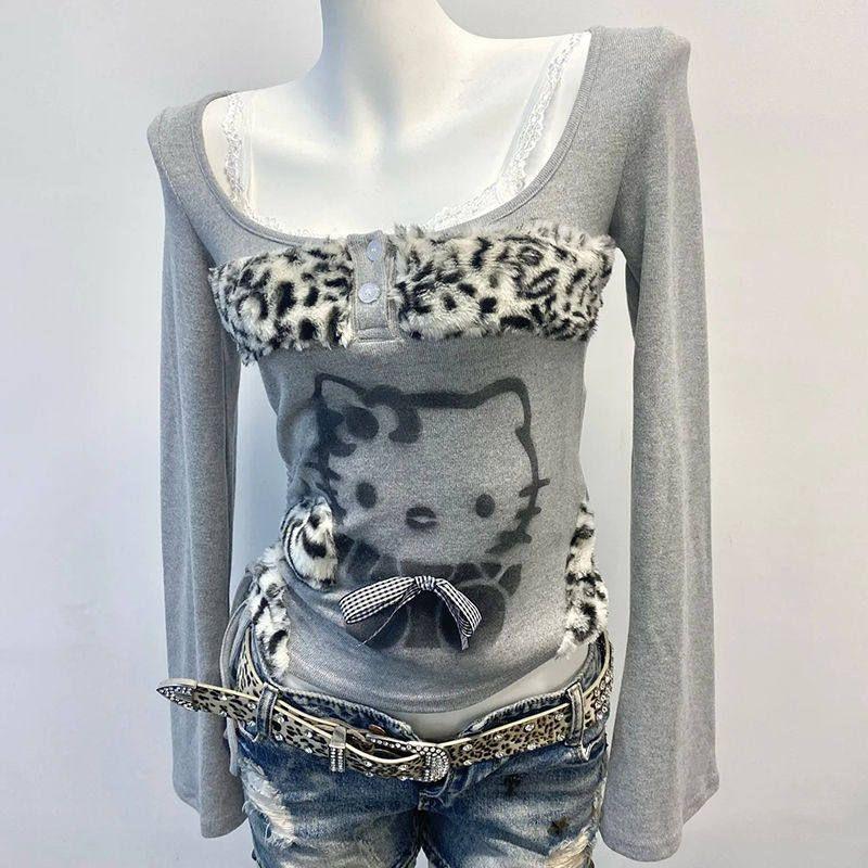 

New Style Long-Sleeve American-Style Cat Print Patchwork Drawstring T-Shirt, Autumn and Winter Slim-Fit Trendy Top That Makes You Look Slim, Ins-Style Kitty Gray Drawstring T-Shirt L