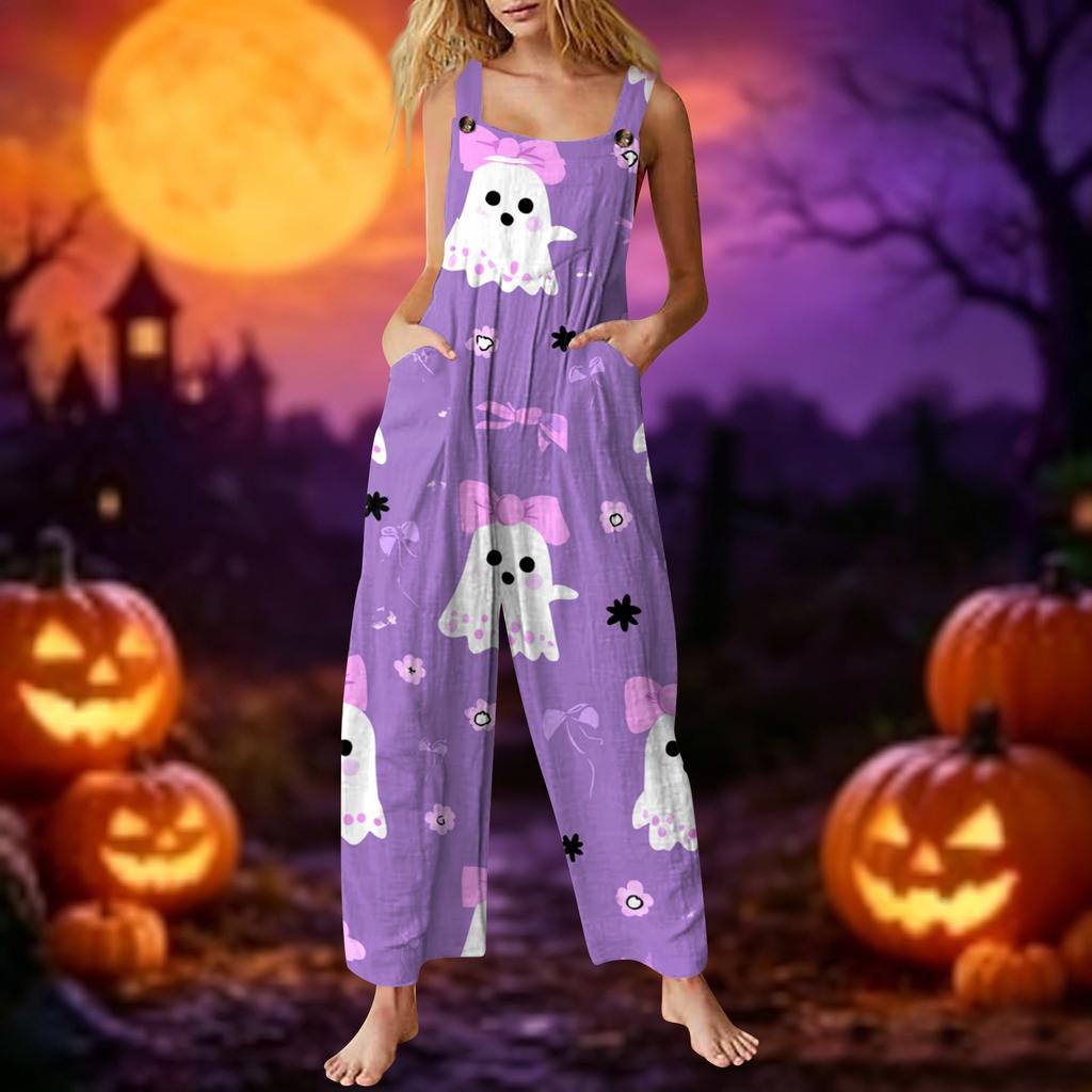 Women's Sleeveless Jumpsuit Cotton Halloween Ghost Print Casual Loose Fit Overall Pants with Pockets Adjustable Straps