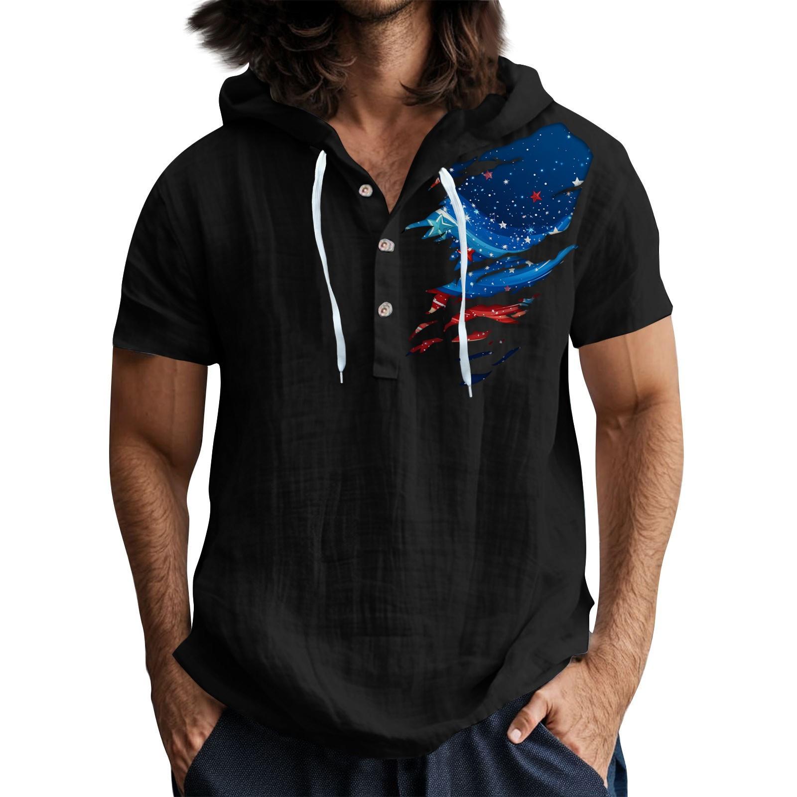 

Чоловіча повсякденна футболка з короткими рукавами та капюшоном, застібнута на ґудзики, з відкритим коміром L чорний