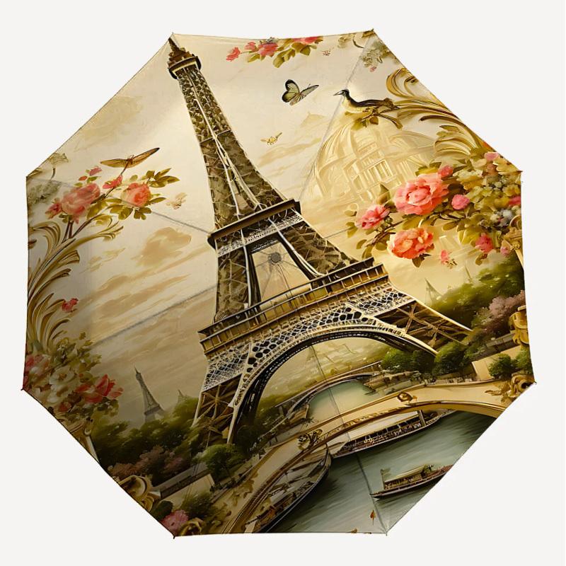 1PC Eiffel Tower Flowers Umbrella-8-Rib Reinforced, Automatic Open, Lightweight & Durable, Cute Fashion Accessory for Outdoor, Beach, or Casual Use, B