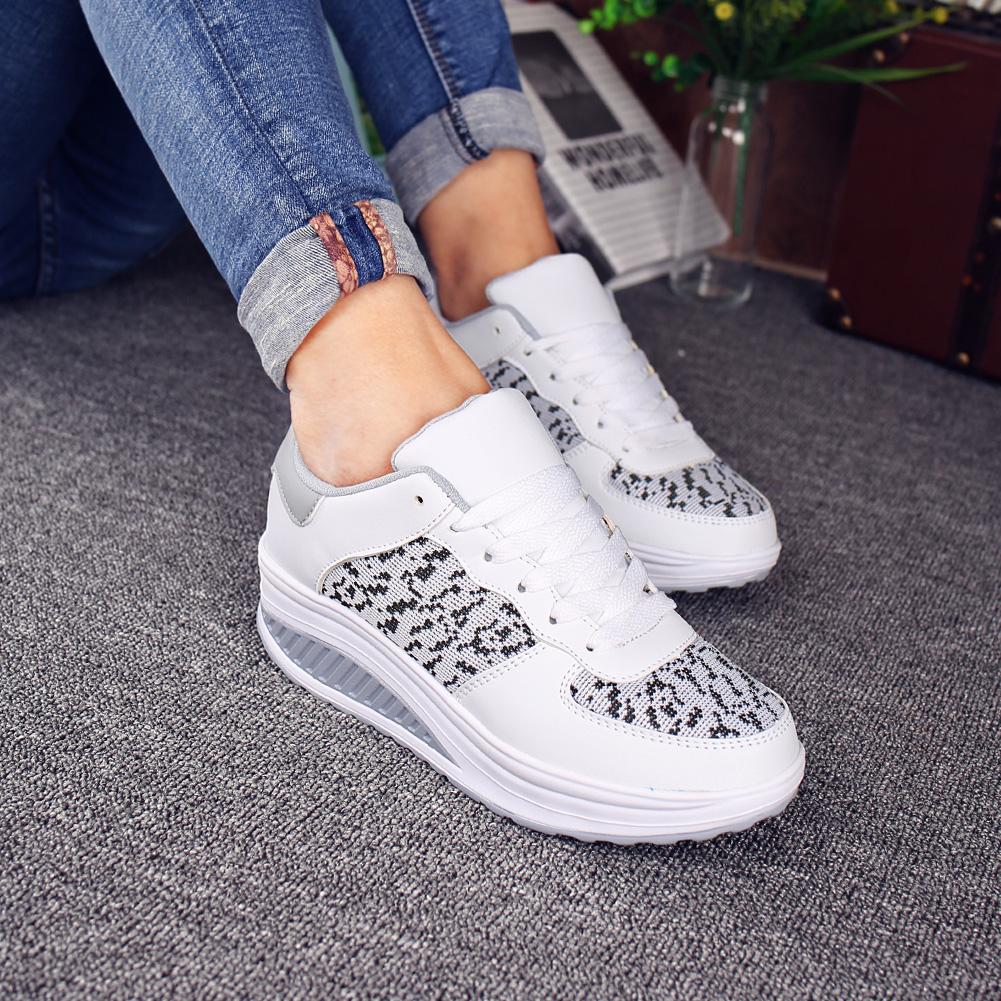 Fashion PU Leather Women's Platform Shoes Non-slip Rocker Shoes Walking Running Sports Shoes Wedge Heels