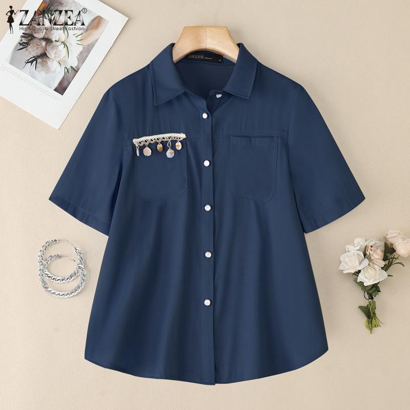 ZANZEA Women Summer Turn Down Collar Casual Short Sleeve Blouse