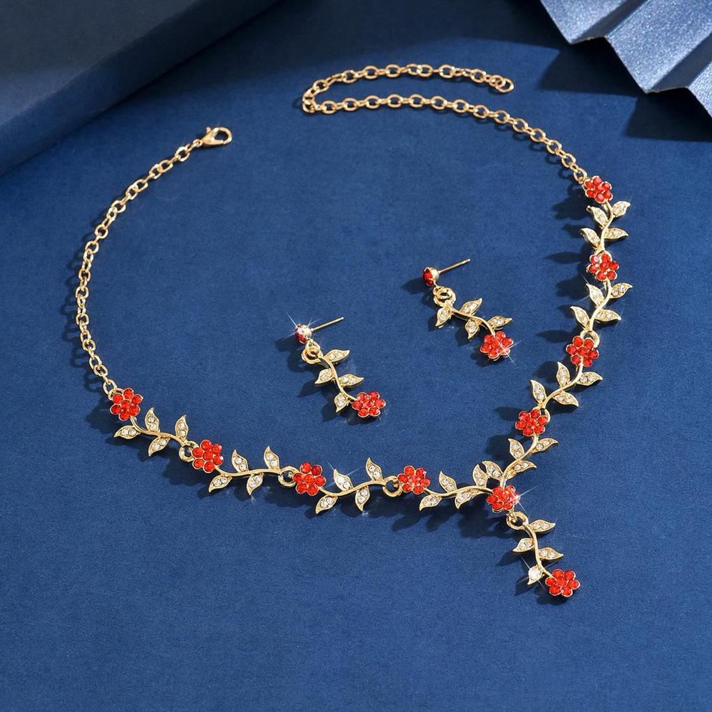 Vintage European & American Bridal Flower Rhinestone Wedding Jewelry Set: Necklace & Earrings