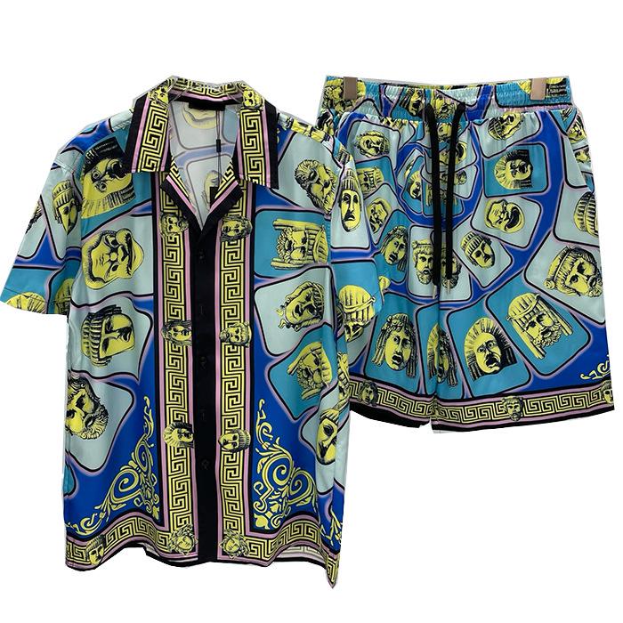 2024 Summer Men's Digital Print Short Sleeve Shirt & Beach Shorts Set