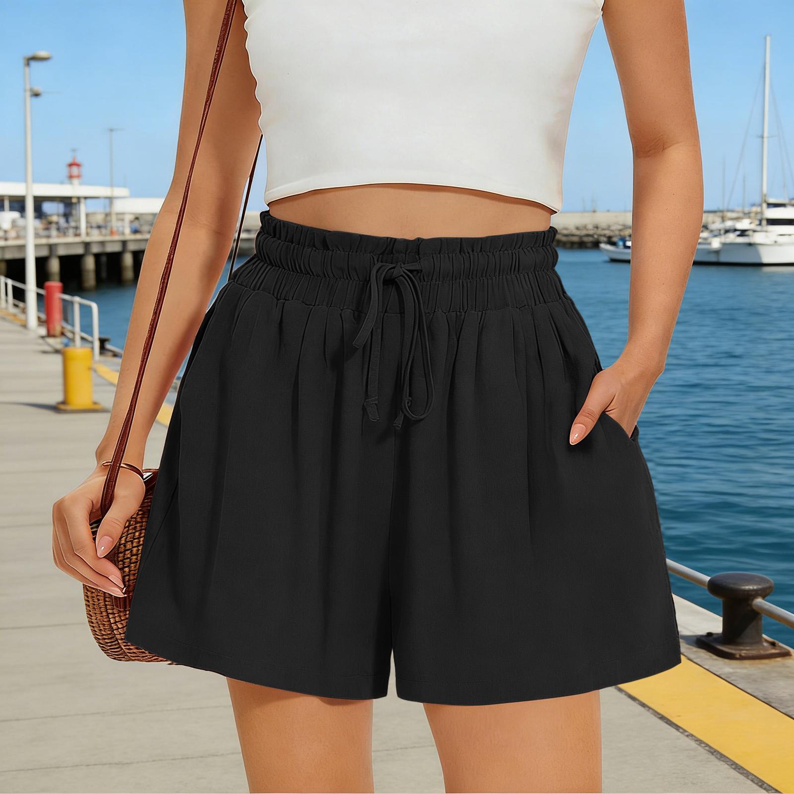 

Women s Fashionable Color Elastic Waist Pocket Casual Loose Cotton And Linen Shorts L чёрный