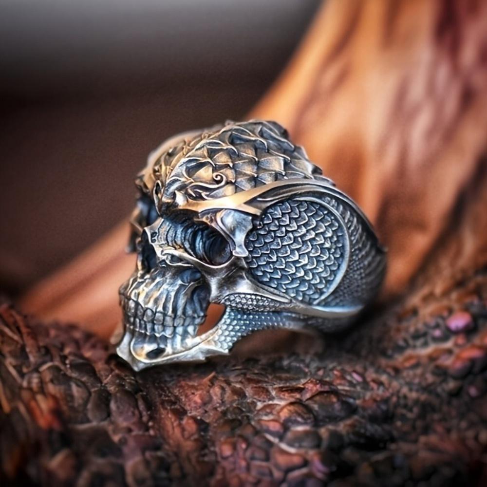 Vintage Punk Stainless Steel Skull Rings For Men Gothic Punk Dragon Scaled Skull Rings Hip Hop Men Motorcycle Rock Biker Jewelry