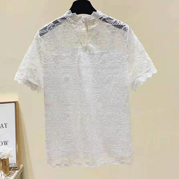 Women Summer Tops Vintage Short Sleeve Lace Tops Loose Elegant Slim Hollow Out Double Layer Anti Penetration Tops